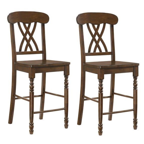 2pcs Walnut Counter Height Stools With Cross Back Design - Dining Chairs Offering Comfortable Scooped Seat And Footrest (2) Style A Well-scooped For Enhanced Comfort