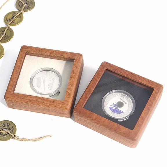 2pcs Walnut Wood Coin Display Case, Challenge Coin Holder, Acrylic Clear Cover, Compatible Diameter and Less Than 3mm in Thickness