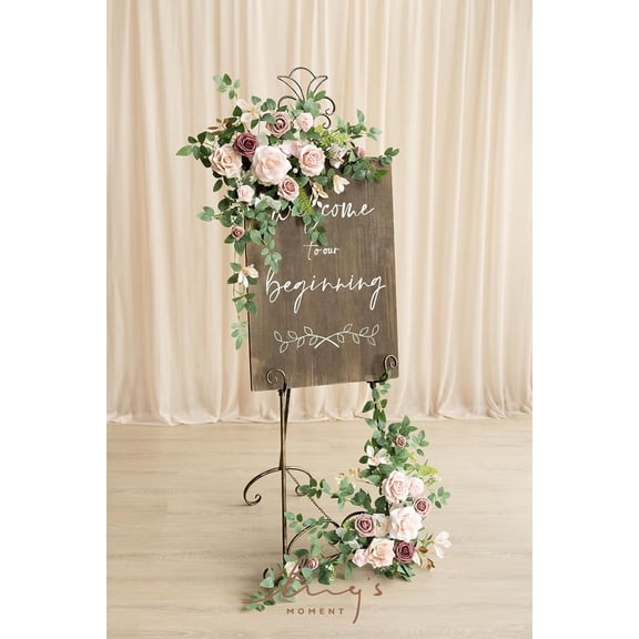 2pcs Wedding Flowers Garland Artificial Floral Swag Arch Decorations Greenery Arrangements Dusty Rose Cream Ceremony Reception Garden Easel Wall Entryway Outdoor Board(NOT Include Sign)