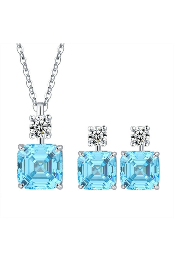 2pcs Wedding Jewelry Sets for Brides Bridesmaids Asscher Cut 925 Sterling Silver CZ Women Jewelry Sets for Prom Costume Accessories Pendant Necklace and Drop Earrings