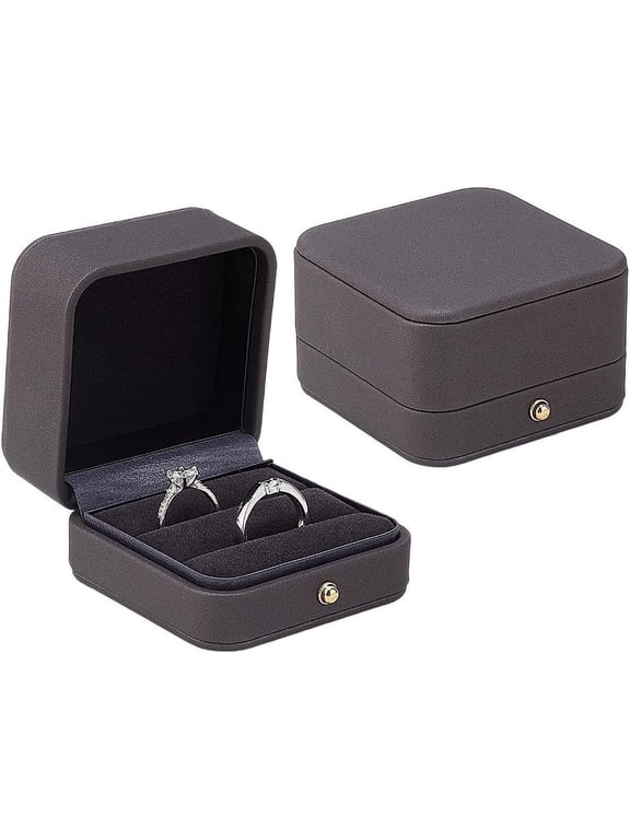 2pcs Wedding Ring Box Double Slots Ring Bearer Box Leather Ring Gift Box Gray Engagement Ring Case Velvet Jewelry Case Square Jewelry Ring Display for Wedding Proposal Anniversary Jewelry