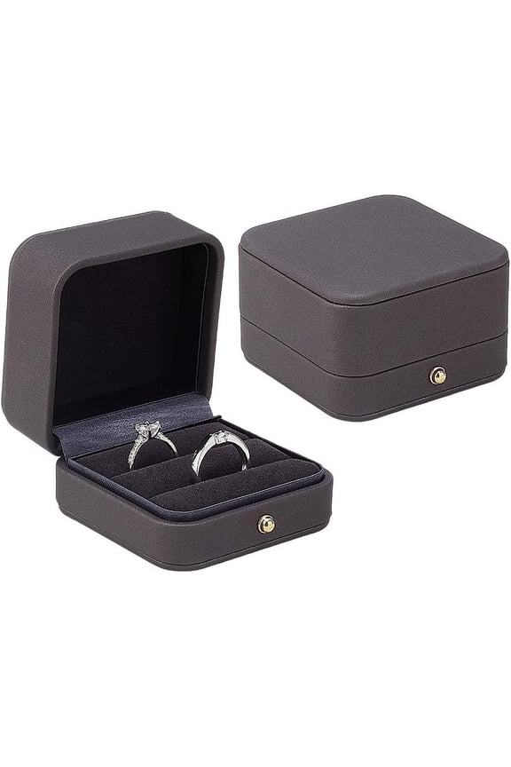 2pcs Wedding Ring Box Double Slots Ring Bearer Box Leather Ring Gift Box Gray Engagement Ring Case Velvet Jewelry Case Square Jewelry Ring Display for Wedding Proposal Anniversary Jewelry