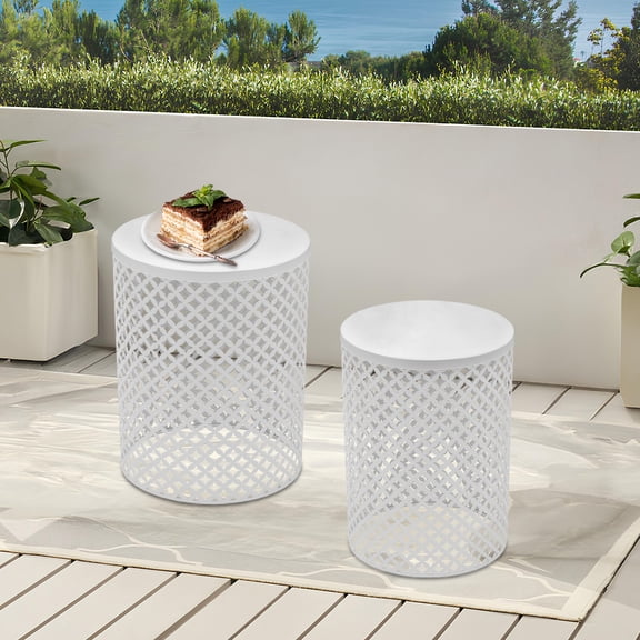 2pcs White Iron 14.57/19.29in Inch Outdoor Side Table With Hollow Flower Rack Metal Courtyard Round Coffee Table