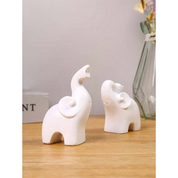2pcs White Resin Elephant Figurines Set | Minimalist Curled Trunk Design, Desktop Decor Accent
