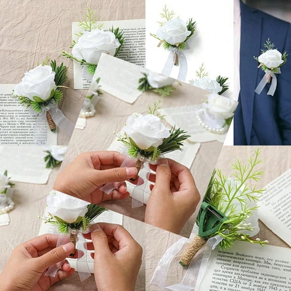2pcs White Rose Boutonniere for Men Artificial Rose Flower for Wedding Flowers Ceremony Prom Flower 2 Boutonniere