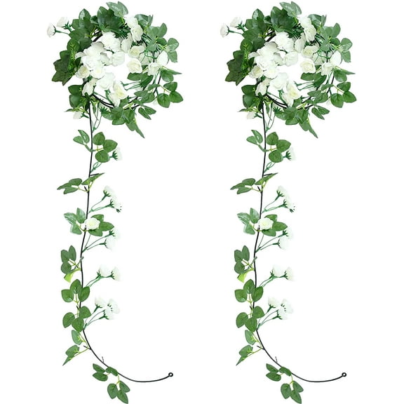 2pcs White Silk Rose Vine Garland Artificial Fake Flowers with 69 Heads for Home Wedding Arch Floral Decorations