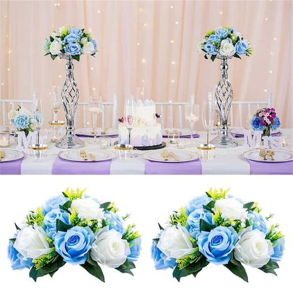 2pcs White and Light Blue Silk Flower Ball Artificial Rose Bouquet for Wedding Table Centerpiece Home Decor