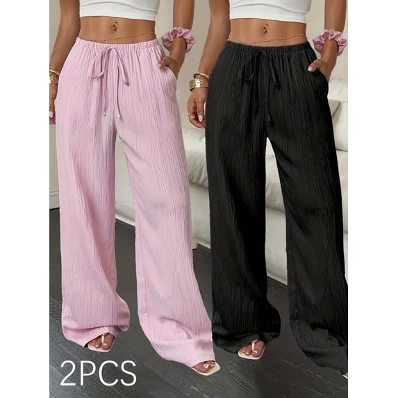 2pcs Wide Leg Pants for Women Flowy Palazzo Drawstring Elastic Waist Trousers with Pockets Summer Beach Vacation Clothes
