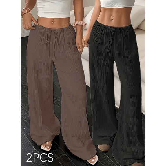 2pcs Wide Leg Pants for Women Flowy Palazzo Drawstring Elastic Waist Trousers with Pockets Summer Beach Vacation Clothes