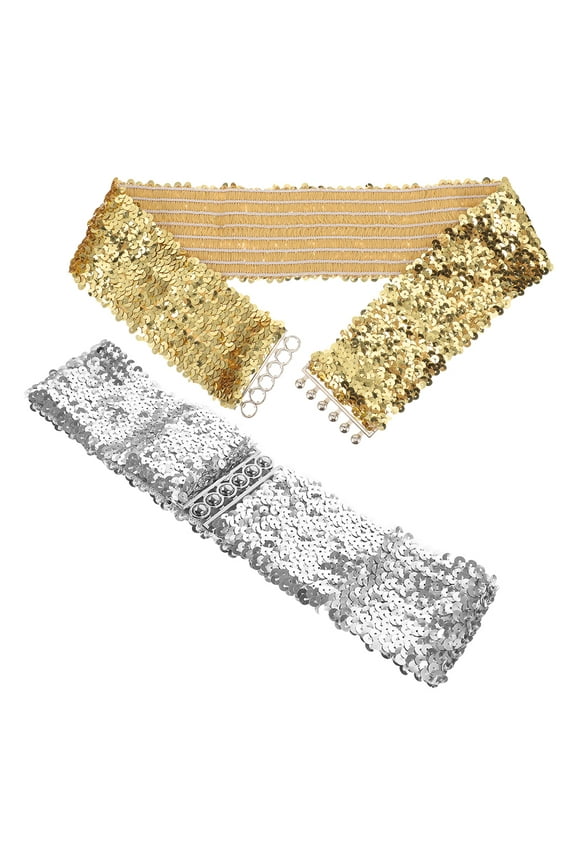 2pcs Wide Sequin Stretch Waist Belt Sequin Belt Glitter Elastic Belt Sequins Waist Belt Waistband Shiny Disco Halloween Waist Belt