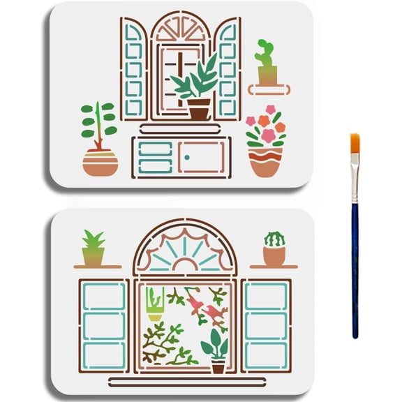 2pcs Window Sill Plant Stencil 11.78.3inch A4 Size Window Flower Stencils with Paint Brush Flower Potted Cactus Template for Wood Fabric Wall Window DIY Craft White DIY