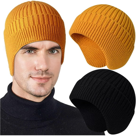 2pcs Winter Beanies with Ear Flaps for Men Women, Warm Knit Earflaps Cap Thick Hats