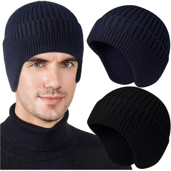 2pcs Winter Beanies with Ear Flaps for Men Women, Warm Knit Earflaps Cap Thick Hats