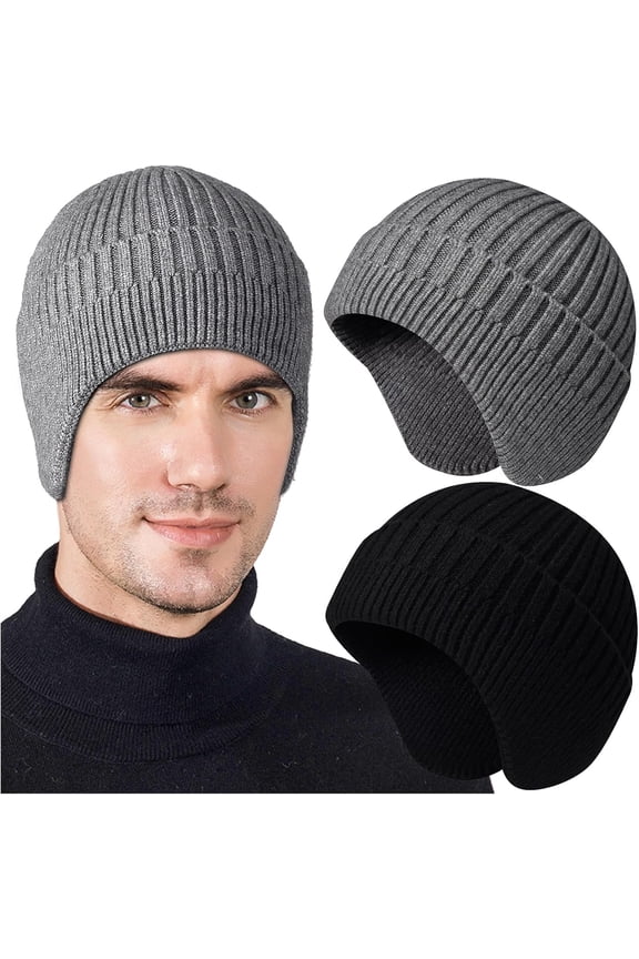 2pcs Winter Beanies with Ear Flaps for Men Women, Warm Knit Earflaps Cap Thick Hats