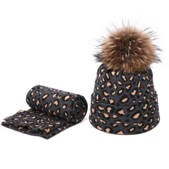 2pcs Winter Women Pompon Beanie Hat Scarf Set Leopard Spots Outdoor Warm Faux Fur Pom Pom Hedging Caps for Girls