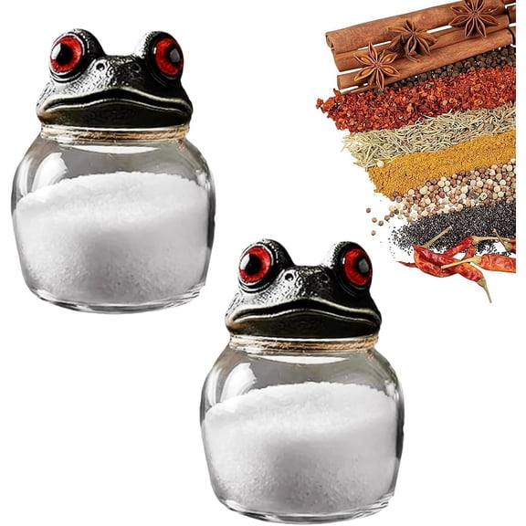 2pcs Witchy Frog Apothecary Spice Jars, Handcrafted Vintage Glass Storage Jars with Frog Lids, Gothic Food Storage Containers Figurine for Salt Pepper, Herbs & Tea Leaves,Home Decor Fun Display(Q)