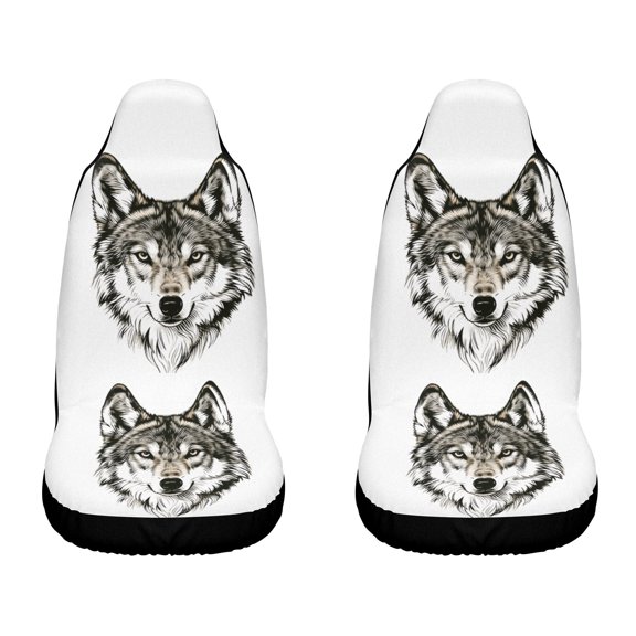 2pcs Wolf Head Portrait Print Car Seat Covers, Polyester Fabric, Easy to Clean, Universal Fit for Cars SUVs Trucks, Fashionable Durable Front Seat Protectors & Auto Interior Decor
