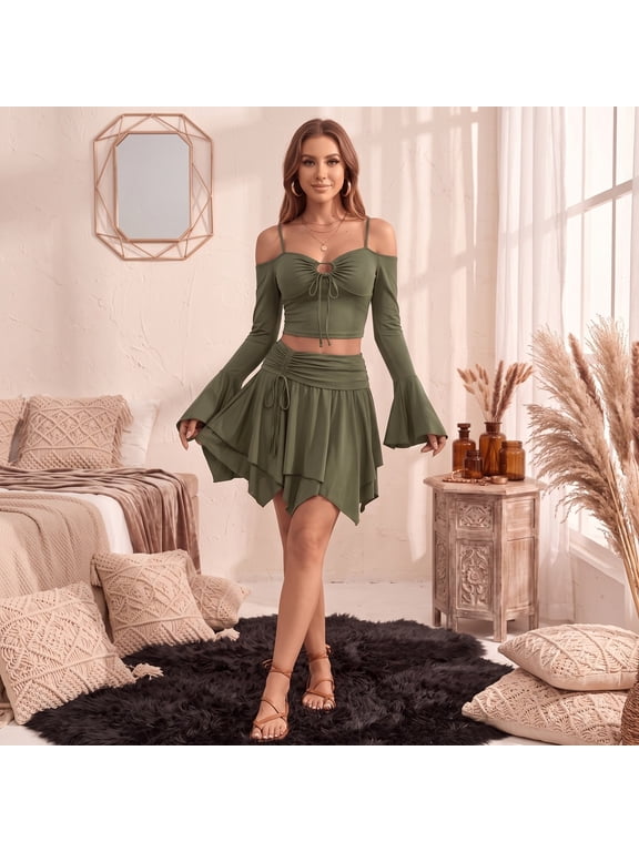 2pcs Women Fairy Off Shoulder Skirt Set | Rave Ruffled Outfits Y2K Fairycore Corset Club Festival Dress | Fairy Skirt Set Off Shoulder Spaghetti Strap Flowy Dress & Long Sleeve Ruffled Skirt