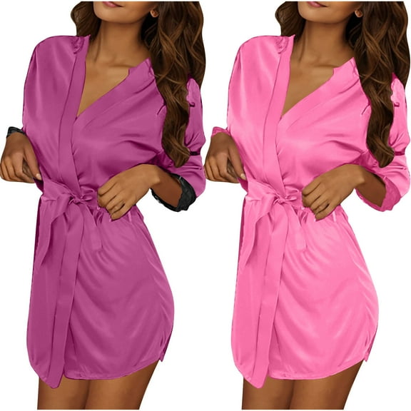 2pcs Women Satin Robe Kimono Dressing Gown Lightweight Silk Long Sleeve Bathrobe with Belt and Pockets Hot Pink Wine Free Size