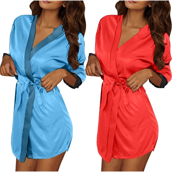 2pcs Women Silk Nightwear Satin Bath Robes Long Lightweight Knee Length Loungewear Kimono Style Towelling Bath Robes with Belt Soft Comfortable Loungewear Blue+Red Free Size