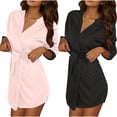 thumbnail image 1 of 2pcs Women Silk Nightwear Satin Bath Robes Long Lightweight Knee Length Loungewear Kimono Style Towelling Bath Robes with Belt Soft Comfortable Loungewear Beige+Black Free Size, 1 of 7