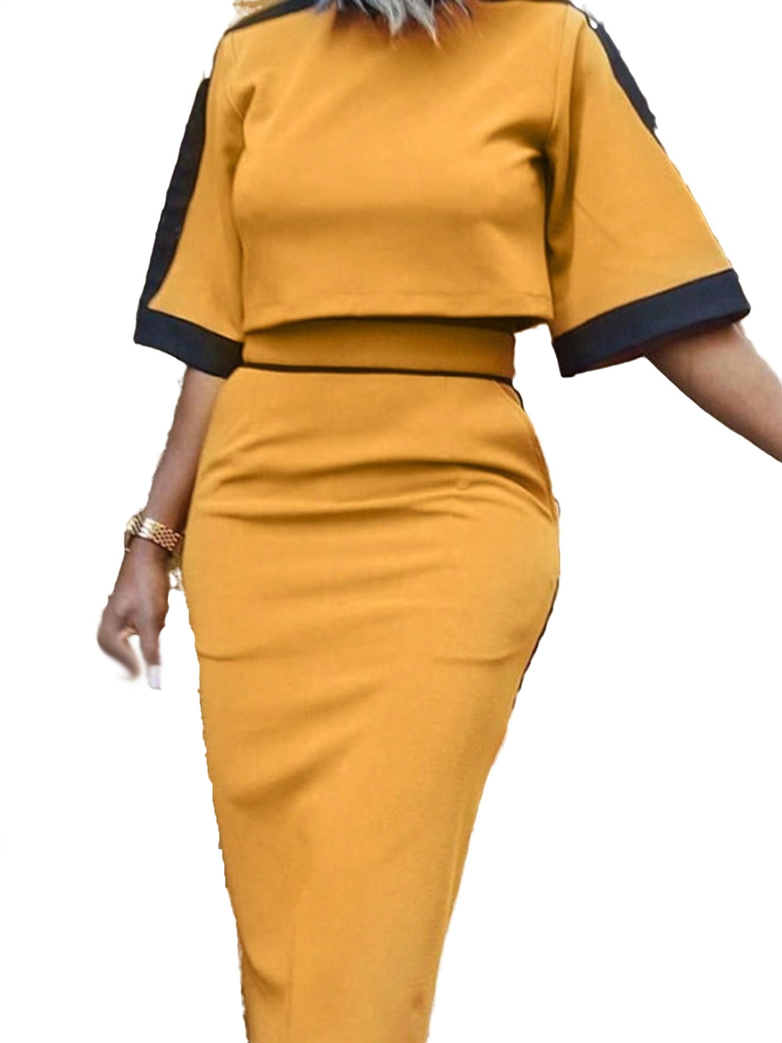 2pcs Women's Round Neck Colorblock Medium Stretch Yellow Color Outfits ...
