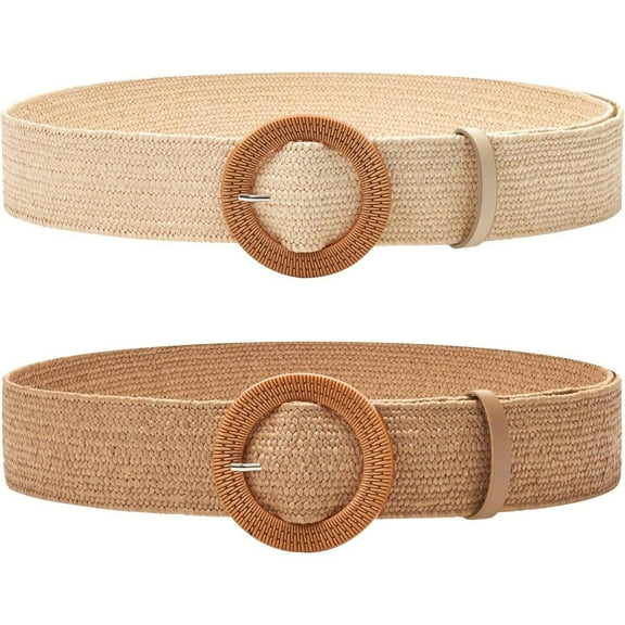 2pcs Women's Straw Elastic Stretch Waist Belts - Boho Chic Skinny Belt with Wooden Buckle, Adjustable Dress Belt for Casual Outfits, Dresses & Jeans, Beach Accessory, Minimalist Accessory