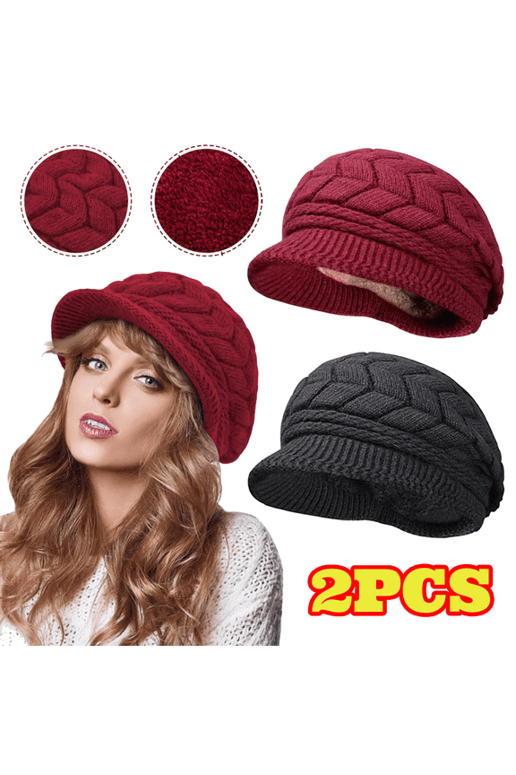 2pcs Women's Winter Beanie Hat with Brim, Warm Hat Visor Beret Knitted Slouchy Hats Cap for Cold Weather