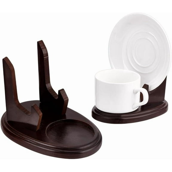 2pcs Wood Tea Cup and Saucer Display Stand Brown Single Cup Display Wooden Saucer Holder Racks Organizer