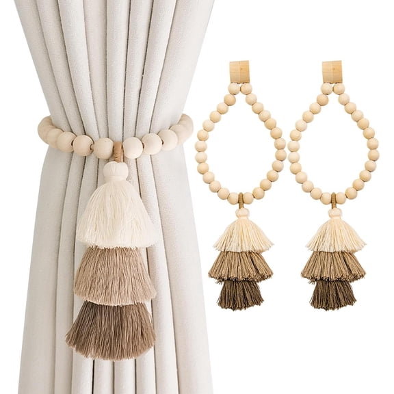 2pcs Wooden Bead Magnetic Curtain Tiebacks, Boho Tassel Magnetic Curtain Clasp, No Hole Punching Decorative (Coffee)