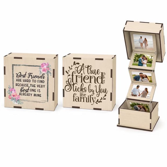 2pcs Wooden Flip Photo Keepsake Box – Pull-Out Picture Storage Box, Personalized Memory Display Album, Wooden Memory Box for Photos, Gift for Couples, Friends & Family