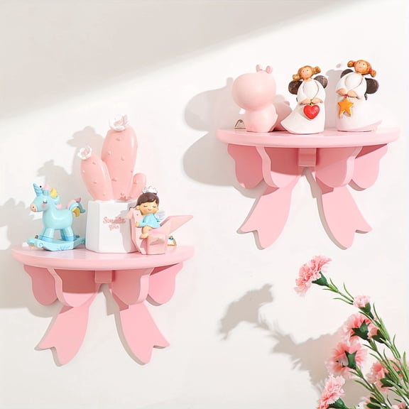 2pcs Wooden Floating Shelf | Cute Bow Floating Shelf, 11-inch Butterfly Semi-Circular Storage Rack, Wooden Bow Tie Holder, Ideal for Home/Office Wall Decor, Pink