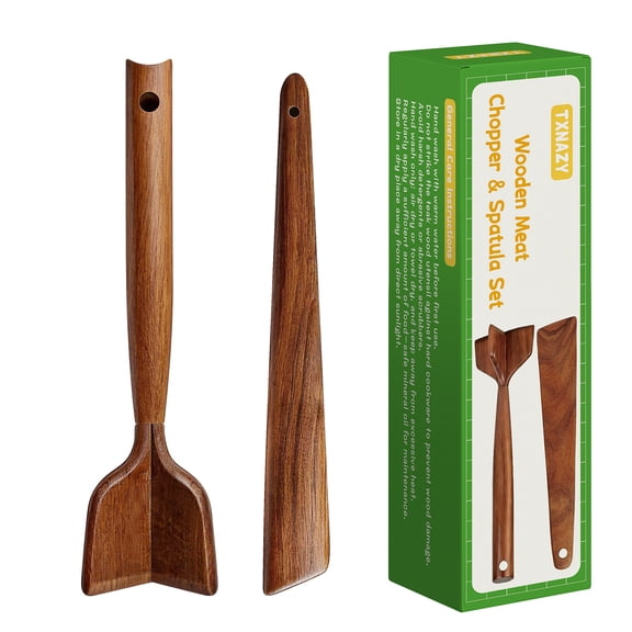 2pcs Wooden Meat Chopper Set, Natural Solid Wood Stirring & Flipping Spatulas, Hangable Lightweight Kitchen Utensils, Multi-Use Wood Mixing Paddles for Ground Meat, Cooking, Baking, BBQ