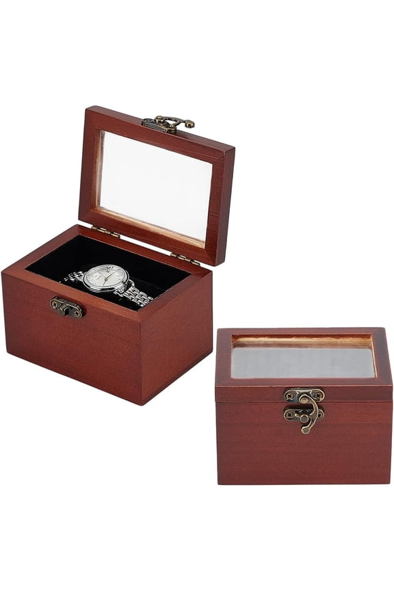 2pcs Wooden Watch Storage boxes with Visible Window Lid and Latch Clasps Rectangle 9.9x7.05x6.5cm