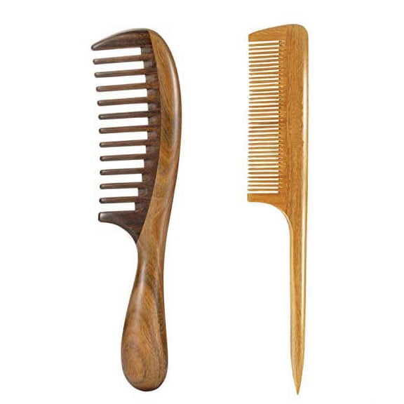 2pcs Wooden Wide Tooth Hair Comb Sandalwood Tail Combs for Curly Thick Hair Styling | Wide Tooth, Curly Thick Hair, Styling, Tail Combs, 2pcs