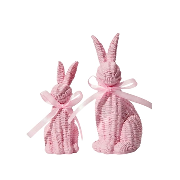 2pcs Woven Texture Easter Bunnies, 4.3in 5.9in Plastic Rabbit Figurines with Bow Tie, Spring Home Decor for Coffee Table & Mantel (Pink)