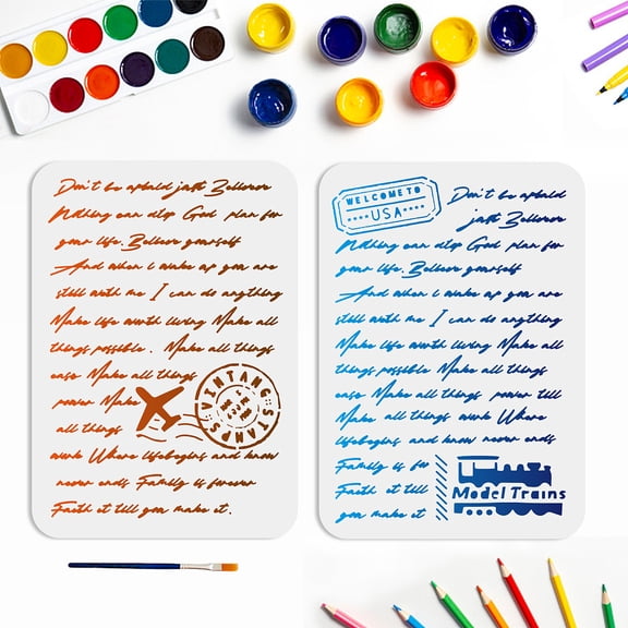 2pcs Writing Stencil Script Stencils Vintage Postcard Stamps Pattern 8.311.7inch Reusable Template with Paint Brush Painting