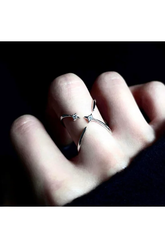 2pcs Y2k Silver Star Rings Set for Women Men,Rhinestone Stacking Layering Cool Ring,Personalized Chunky Irregular Adjustable Opening Knuckle Ring