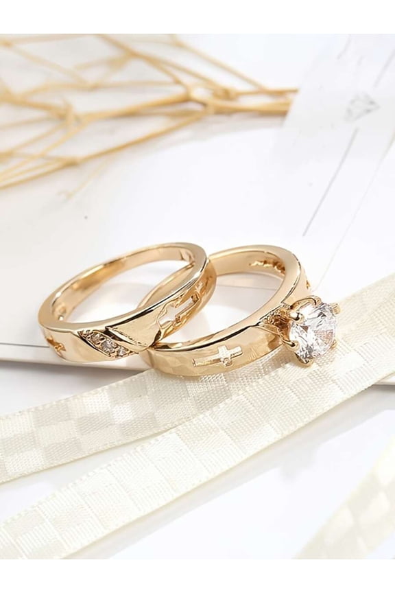 2pcs Yellow Gold Couple Rings Set For Engagement Wedding Anniversary Jewelry Gift