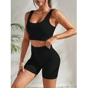 2pcs Yoga Shorts Suit, , Workout Set, Ribbed Crop Tank Top & Wide Waistband Running Women's Activewear