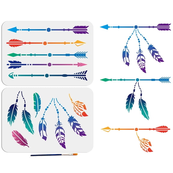 2pcs and Arrow Feather Tribal Stencils 11.78.3inch Splicing Style Decorative Feathers Stencil with Paint Brush Boho Arrow Drawing Stencil
