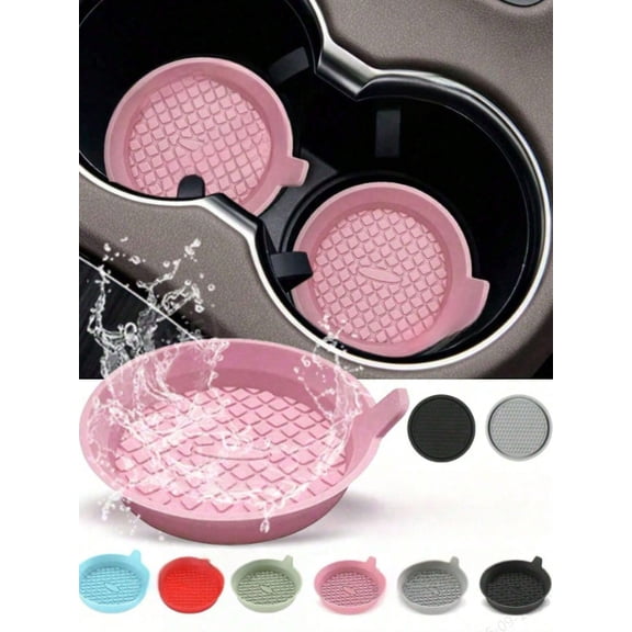 2pcs black Shiny Rhinestone Car Cup Holder Coasters - 3.1 Inch Anti-Slip Silicone Beverage Mats with Crystal Inlay