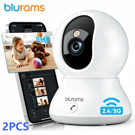2pcs blurams 8MP Indoor PTZ Camera Works As A Baby And Pet Monitor With Phone App Access, One-Touch Call, AI Detection For Human/Pet/Motion/Sound/Cry, Dual-Band Wi-Fi 6, And Alexa Compatibility.