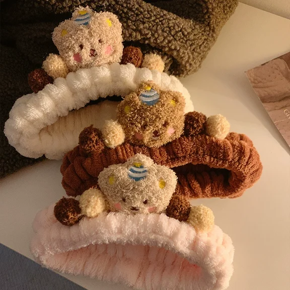 2pcs cute brown bear plush face wash headband hairband furry headband headband