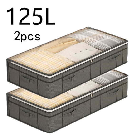 2pcs extra large under-bed storage boxes: thick, durable non-woven, dustproof & moisture-resistant. Space-saving with clear lid. Ideal for bedding, linens & clothes.