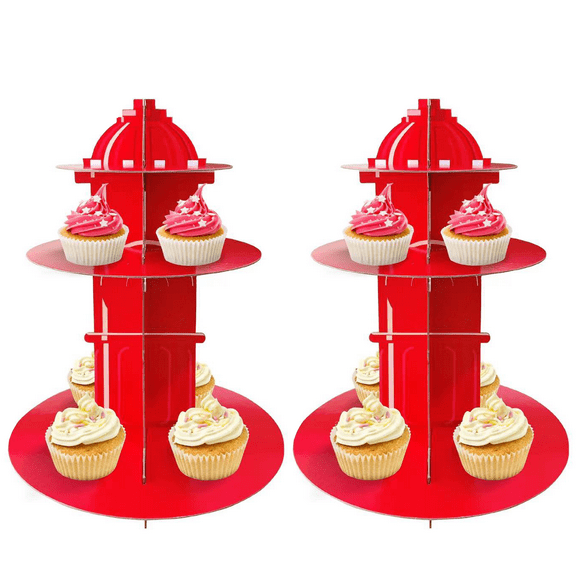 2 Pcs Fire Hydrant Cupcake Stand,3 Tier Sturdy Cardboard Firefighter Theme Cupcakes Tower Holder