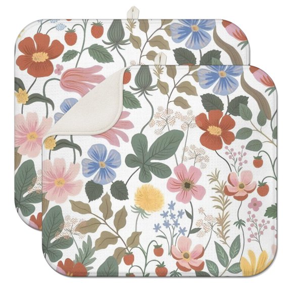 2pcs flower Print Kitchen Drying Mat Set, Super Absorbent Microfiber Dish Drying Pad with Wildflower & Floral Design, Heat Resistant Countertop Mat for Dishes, Gift for Home Cooks