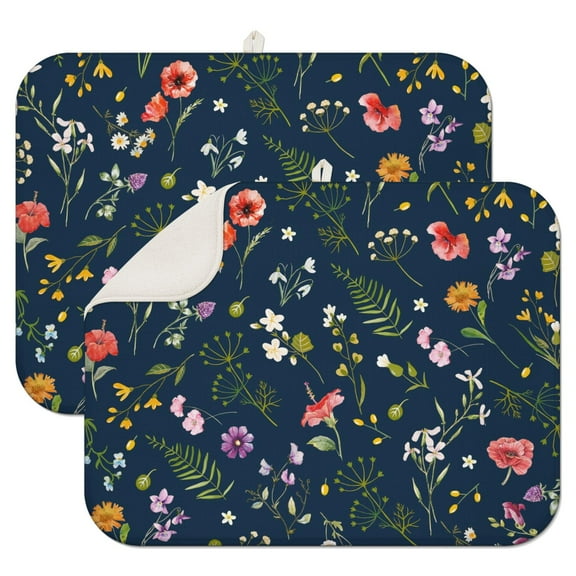 2pcs flower Print Kitchen Drying Mat Set, Super Absorbent Microfiber Dish Drying Pad with Wildflower & Floral Design, Heat Resistant Countertop Mat for Dishes, Gift for Home Cooks
