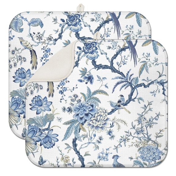 2pcs flower Print Kitchen Drying Mat Set, Super Absorbent Microfiber Dish Drying Pad with Wildflower & Floral Design, Heat Resistant Countertop Mat for Dishes, Gift for Home Cooks