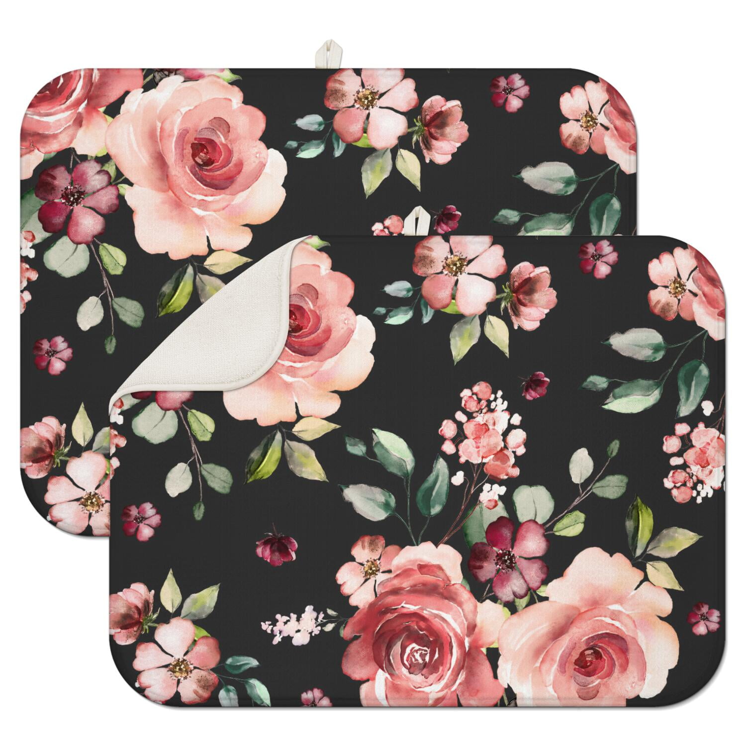 2pcs flower Print Kitchen Drying Mat Set, Super Absorbent Microfiber ...
